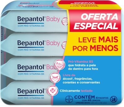 Bepantol Baby Kit Lenço Umedecido, Ideal para a Pele do Bebê, Fórmula Hidratante com Pró-Vitamina B5, Hipoalergênico, Sem Fragrância, Corantes e Conservantes, Leve 4 Pague 3, 192 Lenços