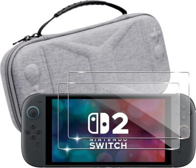 Capa de armazenamento para NS Switch 2 para (2025), capa rígida cinza, portátil, bolsa com 2 películas temperadas 2 em 1