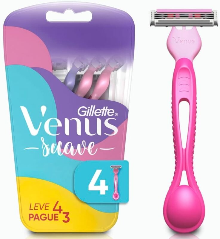 Gillette Venus Suave Aparelho de Depilação Feminina Descartável com 3 Lâminas e Fita Lubrificante com Aloe Vera, 4 Uds