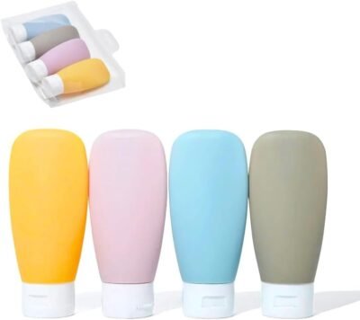 Kit 4 de Frascos de Silicone para Viagem com Necessaire ideal para transportar Shampoo Condicionador Cremes e Loções à Prova de Vazamentos para Bagagem de Mão Leve Compacto Reutilizável Sustentável