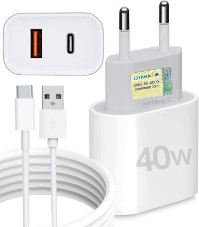 Kit Carregador Super Turbo 40W Porta Dupla (USB-A + USB-C) + Cabo USB e Tipo-C, Compatível com Todos Dispositivos, Iphone 15/16 IOS Android Galaxy, Tablets, Notebooks, Linha Premium