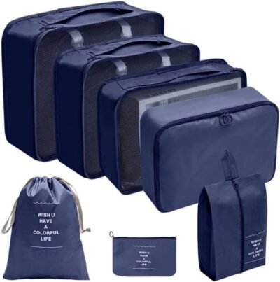 Kit Organizador de Malas para Viagem 7 Peças Conjunto Organizador Roupas Bolsas Necessaire Sapatos Maquiagem Completo Bagagem Organizada Premium (Azul Marinho)