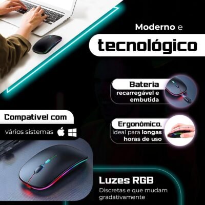 Mouse Sem Fio Recarregável Wireless Bluetooth Optico Led Rgb Colorido Ergonômico Usb 2.4 Ghz Notebook Computador Pc Desktop Linha Premium