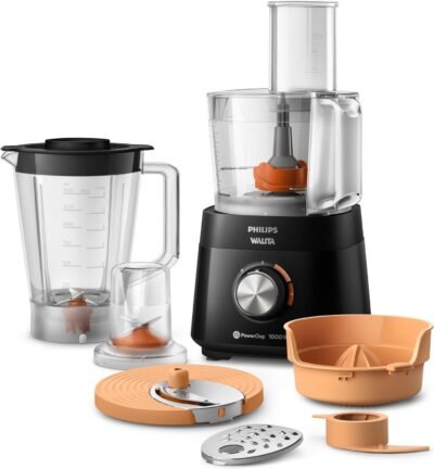 Philips Walita Multiprocessador PowerChop 1000, Preto, Copo com capacidade de 1,5 litros, Duas velocidades + pulsar, 6 acessórios, 1000W (HR7304/90)