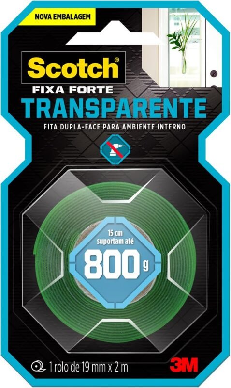 Scotch, 3M, Fixa Forte, Fita Dupla Face, Transparente, 19mm x 2m